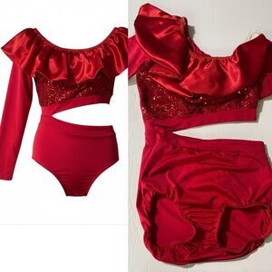 Kelle solo sequin red leotard cutout one sleeve asymmetrical Dance Costume SA